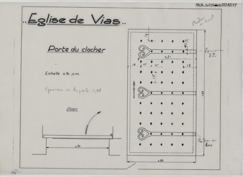 Porte du clocher, plan, élévation.