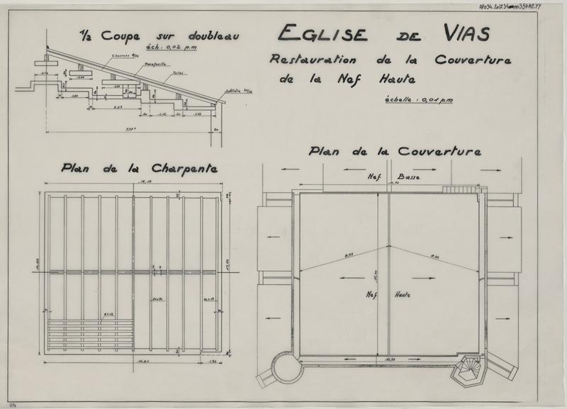 Restauration de la couverture de la nef haute, coupe sur doubleau, plan charpente, plan couverture.