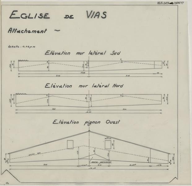 Attachement, élévation mur latéral sud et nord, élévation pignon ouest.