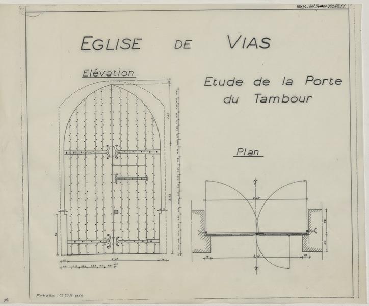 Étude de la porte du tambour, élévation, plan.