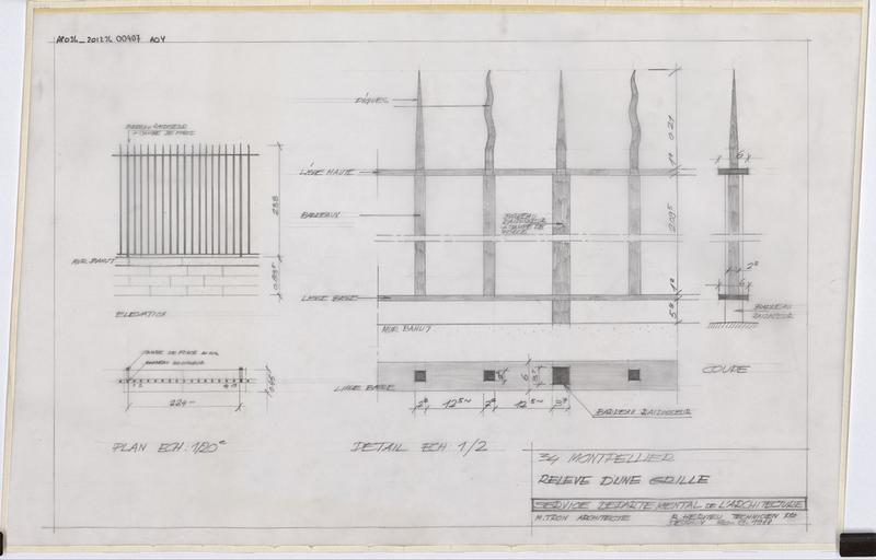 Relevé d'une grille : plan, coupe, façade.