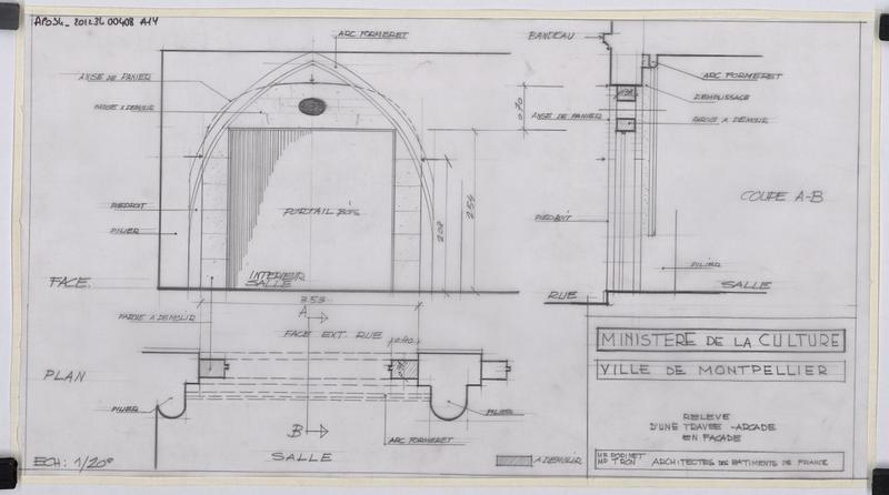 Relevé d'une travée arcade en façade : plan, coupe, façade.