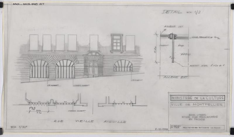 Etude de ferronnerie en façade : plan, façade, détail, rue Vieille-Aiguillerie.