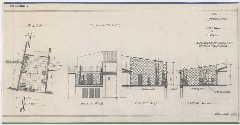 Aménagement de terrasse, pose d'un treillage : plan, coupes, façades.