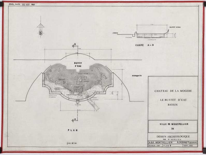 Buffet d'eau, bassin. Plan, coupe.