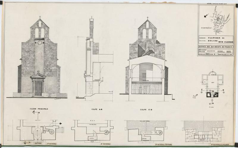 Eglise et son mur-clocher : plan 1, plan 1er niveau (entrée), 2eme, 3eme niveau (toiture), 4eme niveau (clocher), façade principale coupes AB et CD. Plan de repérage des coupes et plan de situation.