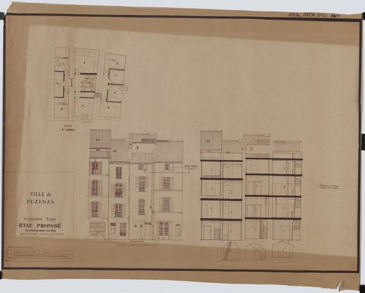 Secteur sauvegardé. Relevé Immeubles Types, Etat proposé, Plans Façades Coupes, 9, 9bis, 11, 13, Rue des Orfèvres.