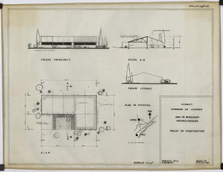 Abri de mosaïques archéologiques, projet de construction, plan, plan de situation, façades principale et latérale, coupe AB.