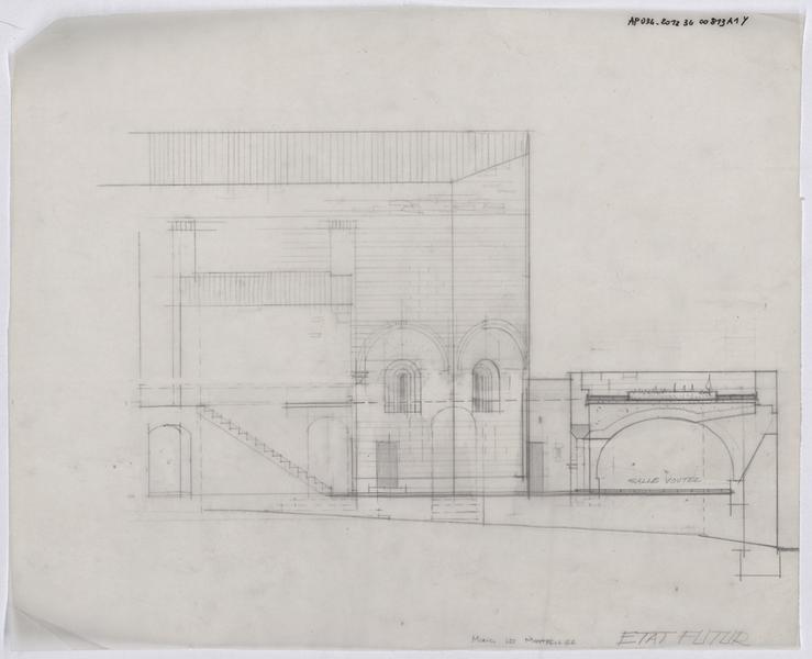 Abside de l'église. Projet d'élévation sud avec coupe sur la salle voûtée (état futur).