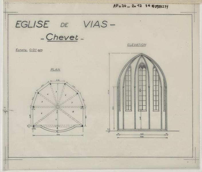 Chevet, plan, élévation.