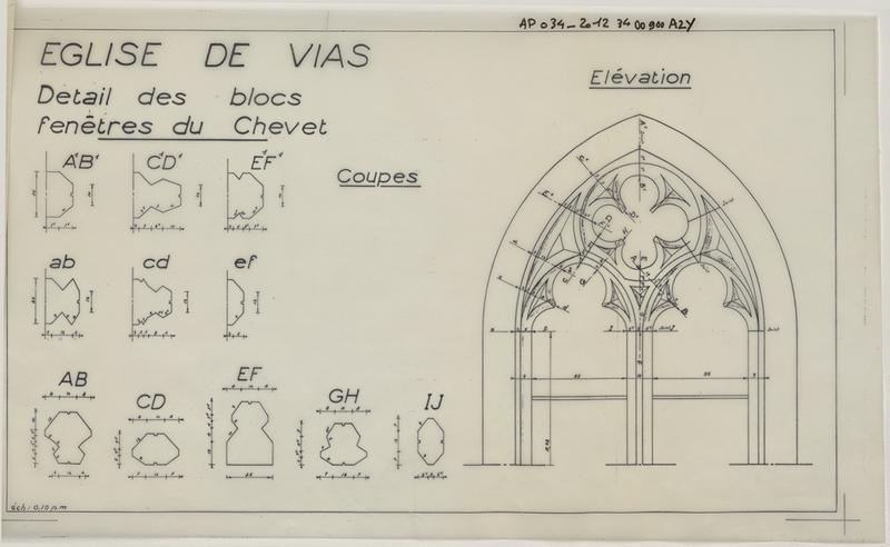 Détail des blocs fenêtres du chevet, élévation, coupes.