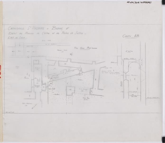 Etat des lieux, détails des niveaux du cloître et du palais de justice. Coupe AB.