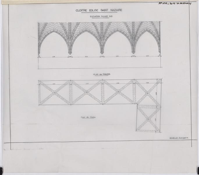 Aménagement du musée lapidaire, cloître, plan des travées, élévation façade sud.