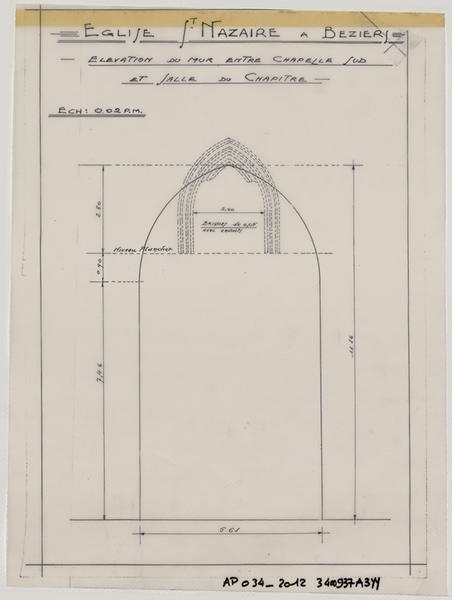 Elévation du mur entre la chapelle sud et la salle du chapitre.