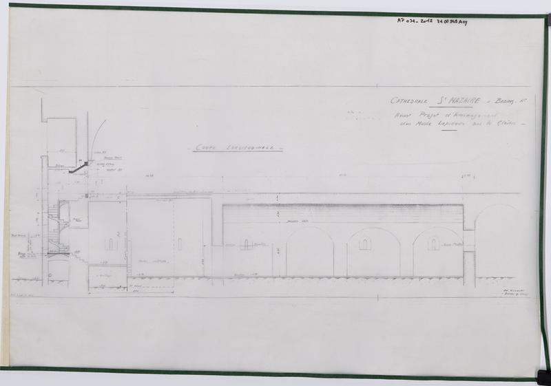 Aménagement du musée lapidaire, avant-projet d'aménagement d'un musée lapidaire sous le cloître, coupe longitudinale.