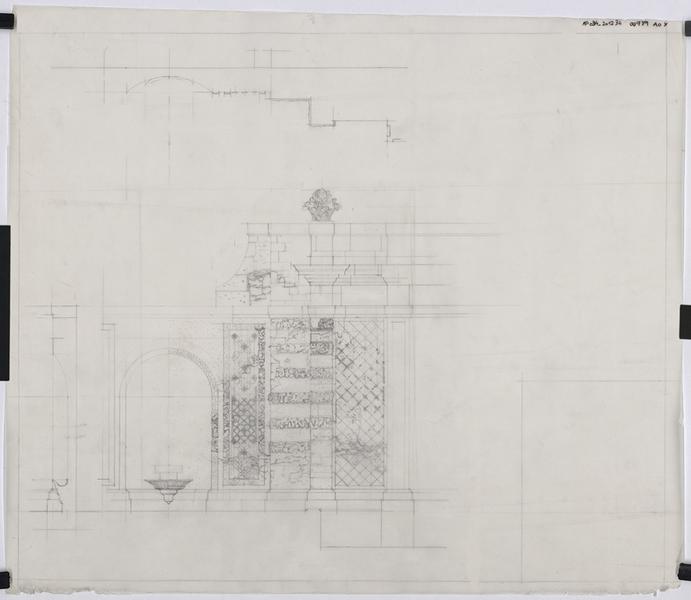 Plan, coupe, élévation du buffet d'eau.