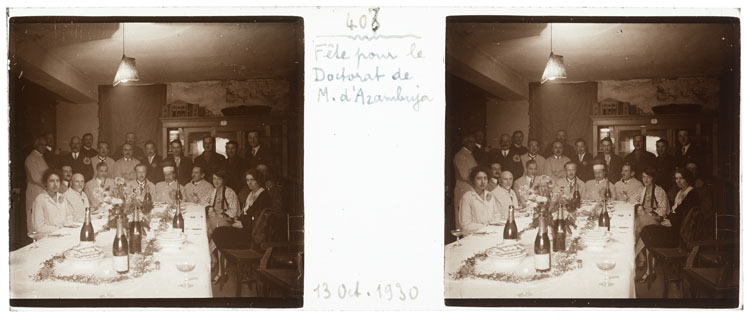 Fête organisée en l’honneur du doctorat de Lucien d’Azambuja : personnel de l’observatoire autour d’un table