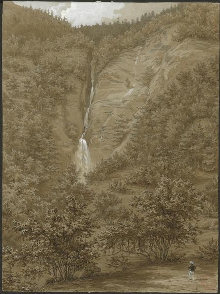Dessin : La cascade du Coeur au fond de la vallée du Lys