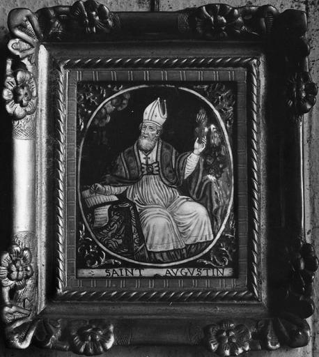 tableau : Saint Augustin écrivant, émail peint, atelier de Limoges, 17e siècle