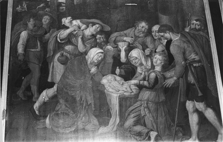 tableau : L'Adoration des bergers, huile sur toile, 16e-17e siècles, détail de la sainte famille et des bergers - © Ministère de la Culture (France), Médiathèque du patrimoine et de la photographie (objets mobiliers), tous droits réservés