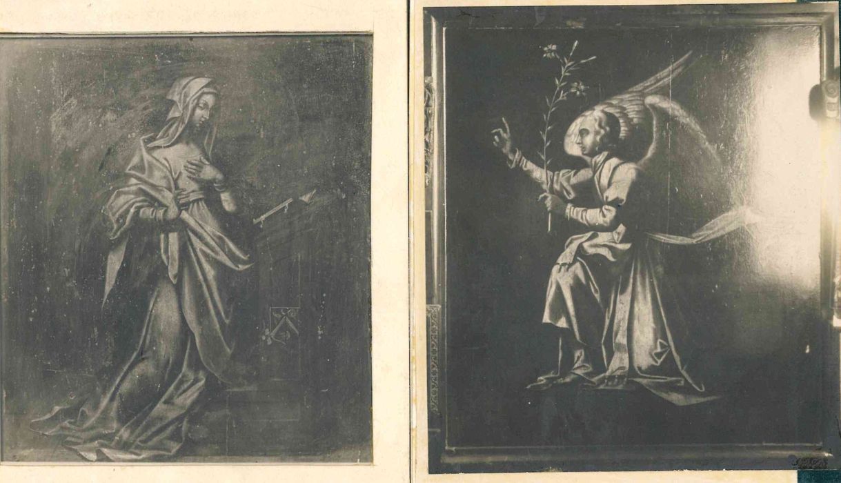 tableau (triptyque) : Christ en croix accompagné de donateurs (le), volets fermées : Annonciation (l’)