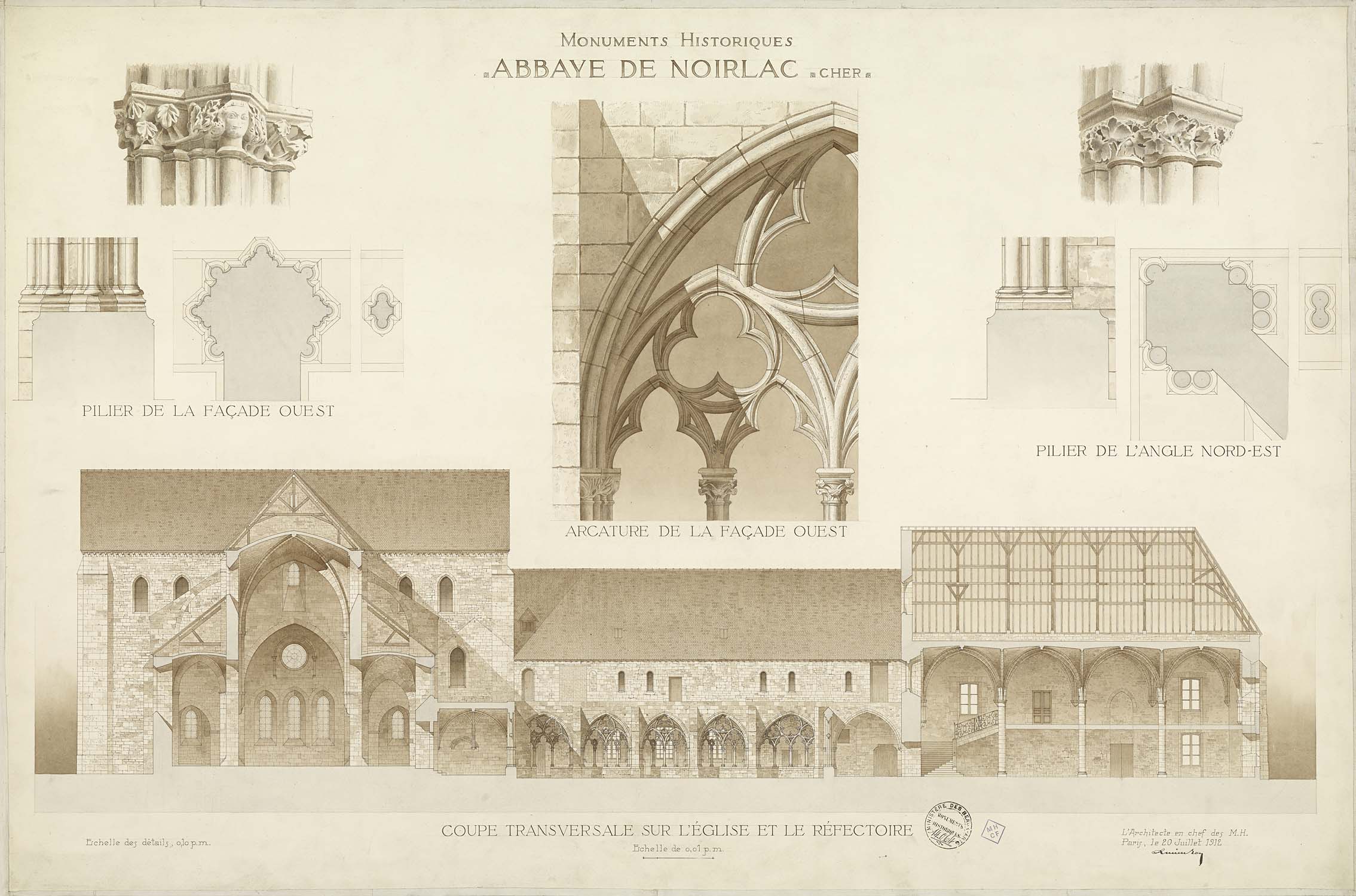 Coupe transversale sur l'église et le réfectoire. Détails des piliers de la façade ouest et de l'angle nord-est. Détail de l'arcature de la façade ouest