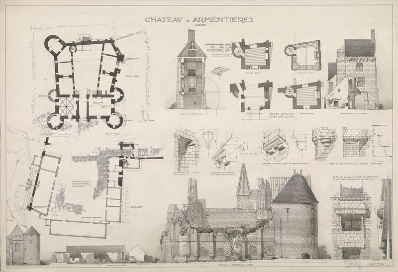 Plan d'ensemble du château et des communs. Élévations des façades nord, ouest sur la cour et de la poterne. Plans, élévation, coupe et détail de la cheminée située à l'est dans la cour. Détails des corniches. État actuel