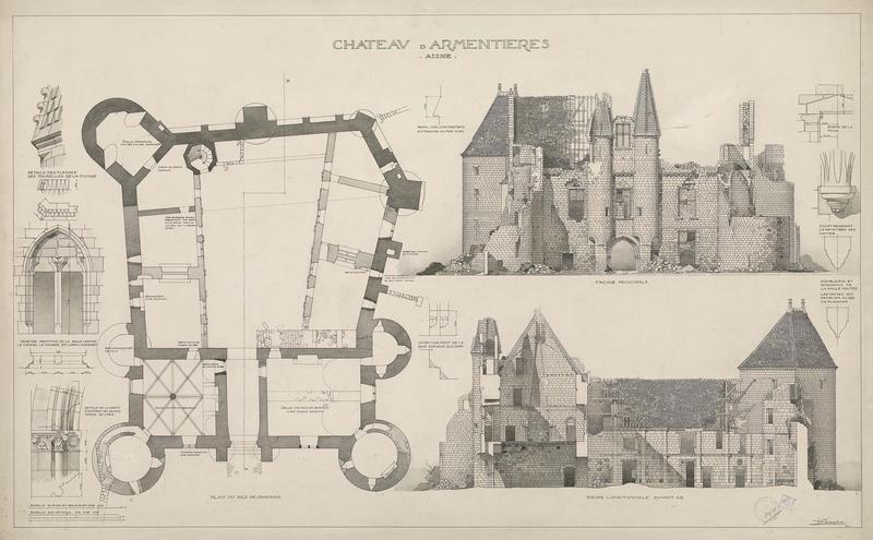 Plan du rez-de-chaussée de l'édifice. Élévation de la façade principale. Coupe longitudinale. Détails d'architecture. État actuel