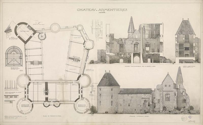 Plan du premier étage de l'édifice. Élévation de la façade est. Coupe transversale. Détails d'architecture et de peinture. État actuel