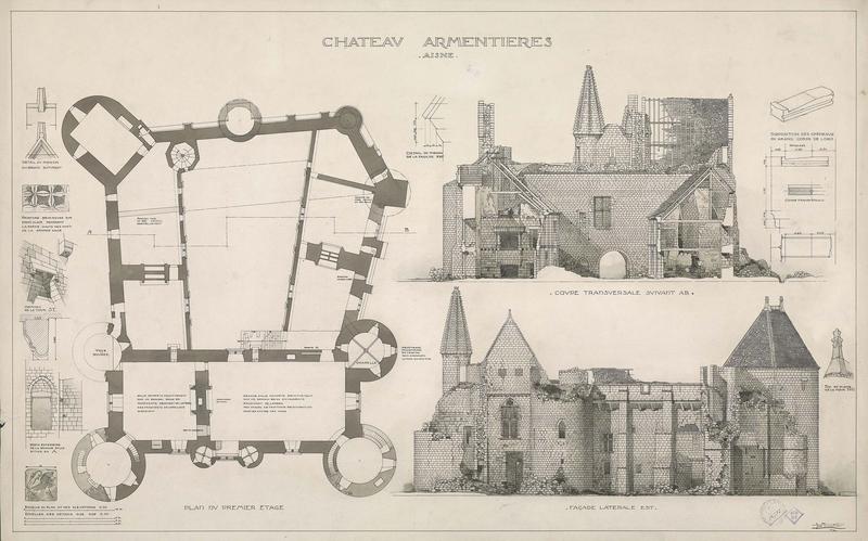 Plan du troisième étage de l'édifice. Élévation de la façade ouest. Coupe transversale sur le grand logis. Détail de l'enrayure de la tour nord-ouest. État actuel