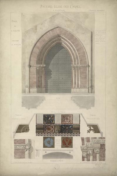 Plan de la porte, élévation de la porte, élévation de la partie haute de la tribune, détails des chapiteaux de la porte