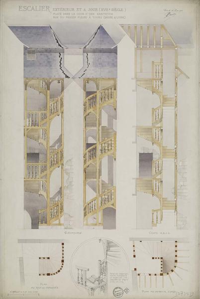 Élévations et coupe ABCD. Plans du rez-de-chaussée et au dernier étage. Vue en arrachement montrant le noyau de l'escalier au droit d'un palier