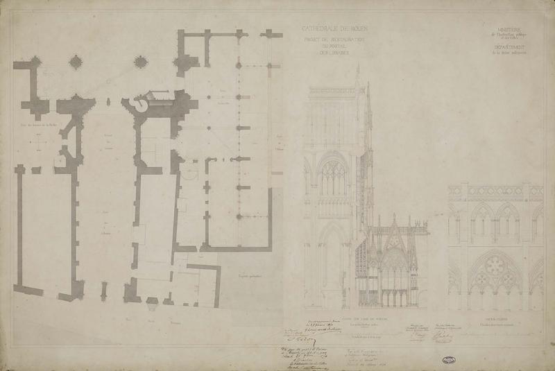 Portail des Libraires : plan du portail et de la cour, coupe