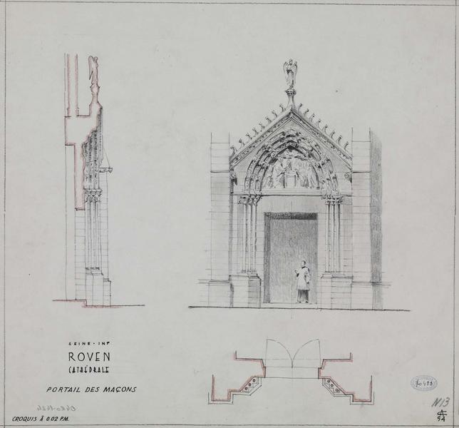 Plan, élévation et coupe du portail des Maçons