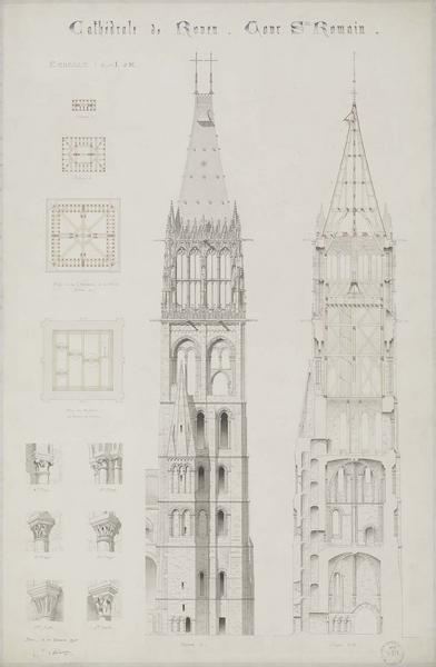 Tour Saint-Romain : élévation est et coupe est-ouest, chapiteaux
