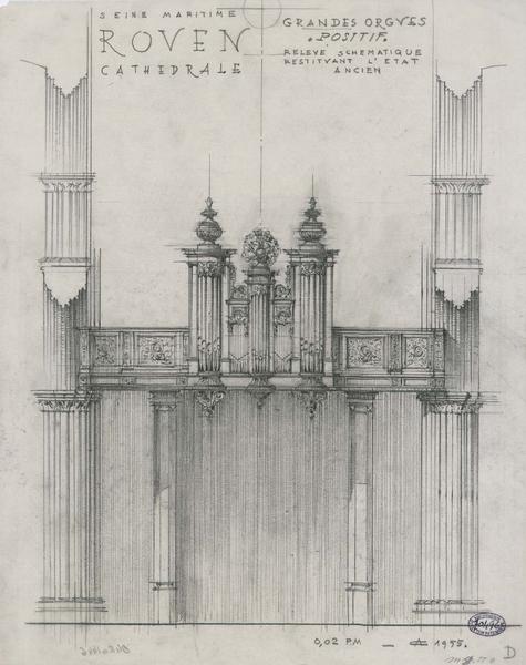 Grand orgue : relevé schématique avec restitution de l'état ancien, élévation du positif, élévation du grand buffet, coupe transversale