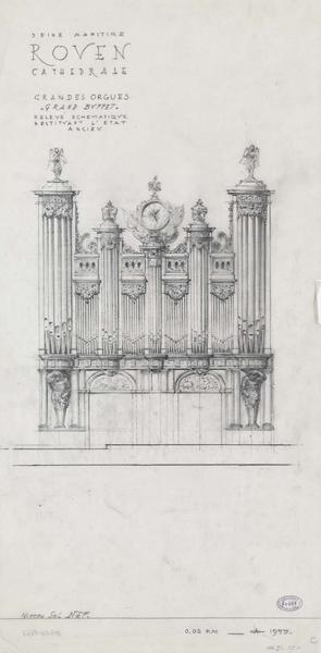 Grand orgue : relevé schématique avec restitution de l'état ancien, élévation du positif, élévation du grand buffet, coupe transversale