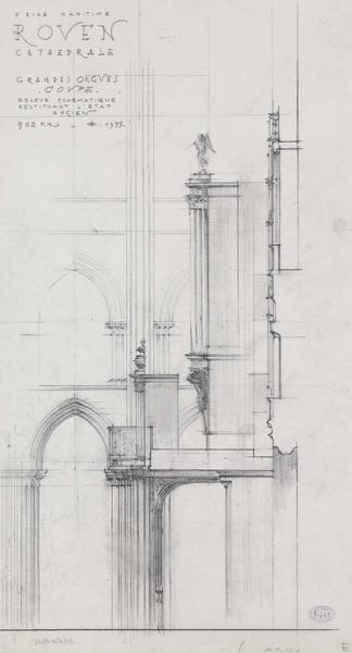 Grand orgue : relevé schématique avec restitution de l'état ancien, élévation du positif, élévation du grand buffet, coupe transversale