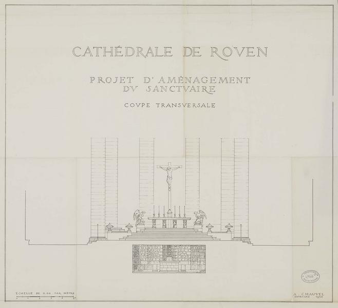 Coupe transversale du sanctuaire, projet d'aménagement, superposition des autels