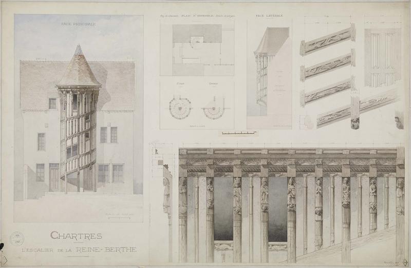 Face principale et latérale de l'escalier, plan d'ensemble du rez-de-chaussée, coupes sur la rampe