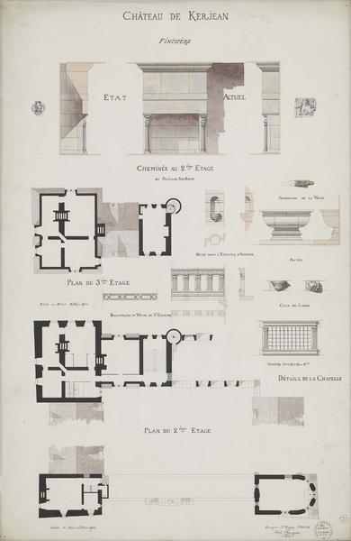 Élévations et coupe de la cheminée au deuxième étage du pavillon sud-ouest. Plan du deuxième étage. Détails de la chapelle. Plan du troisième étage