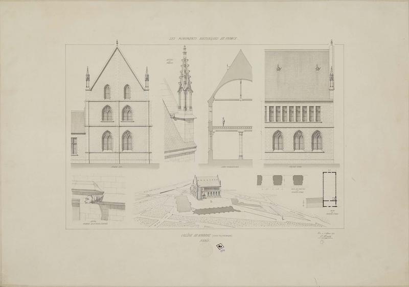 Pignon est, coupe transversale, façade nord, détails des pinacles, détail au-dessus de la porte d'entrée, plan du premier étage, plan des fenêtres du premier étage, vue d'ensemble