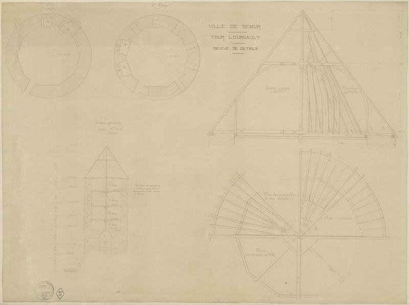 Tour Lourdault : plans des troisième et quatrième étage, plan des jambettes et des aisseliers, coupe générale, élévation partielle, demi-coupe