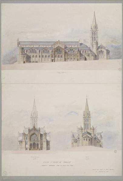 Élévations des façades principale et sud, élévation du chevet, copie d'un dessin de Viollet-le-Duc