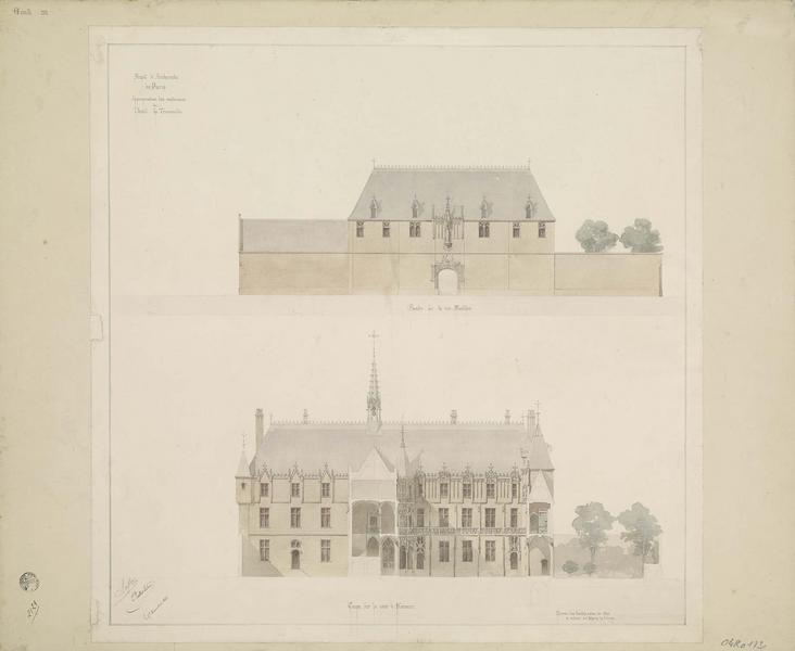 Projet d'Archevêché, appropriation des matériaux de l'Hôtel de la Trémoille, élévation sur la rue Massillon, coupe sur la cour d'honneur