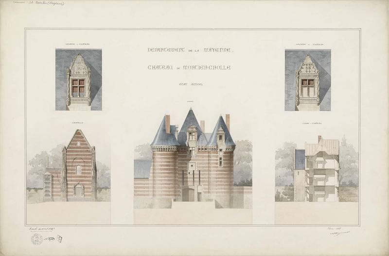 État actuel. Élévations de deux lucarnes, de la chapelle et de l'entrée. Coupe