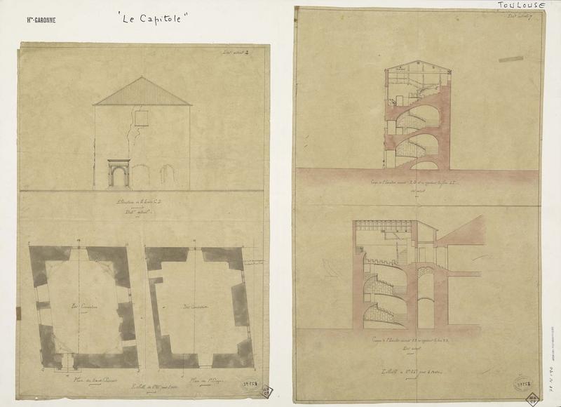 Donjon : Élévation de la façade, coupes et plans du rez-de-chaussée et du premier étage, état actuel