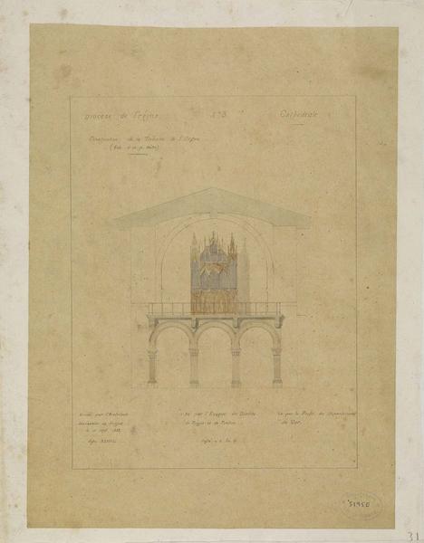 Projet de construction de la tribune de l'orgue. Élévation de la tribune et du buffet