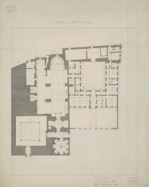 Plan côté de la cathédrale, du baptistère, du cloître et de l'évêché