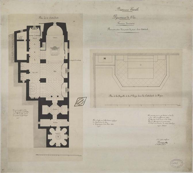 Restauration d'une partie du pavage. Plan de l'édifice avec l'indication du pavage. Plan du pavage de la chapelle de la Vierge